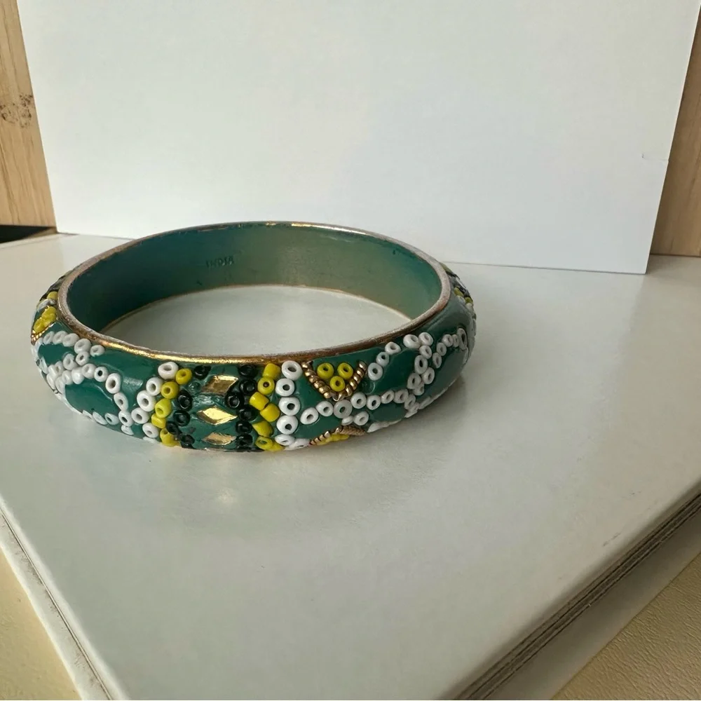 Vintage India Wooden Green Bracelet Bangle w Gold & Beaded Trim - Picture 2 of 7